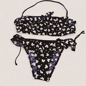 Navy white girly Cottagecore dainty polka dot butterfly ruffle tie halter bikini